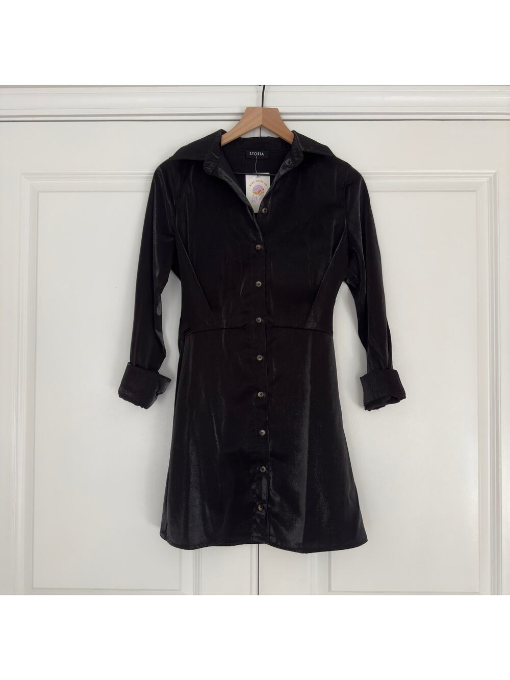 Storia The Carson Satin Buttondown Dress long sleeve A-Line cotton blend Black S